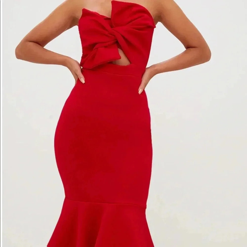 ❤️PLT Red Scuba Bow Detail Hem Frill MIDI Dress❤️